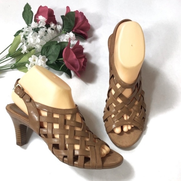 AEROSOLES Shoes - Aerosoles Cowrote Protigy Open Toe Heels Brown leather heels